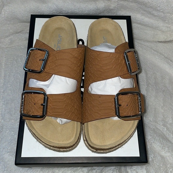 NWT J/SLIDES LEIGHTON Tan Embossed Leather Sandal - Picture 5 of 12